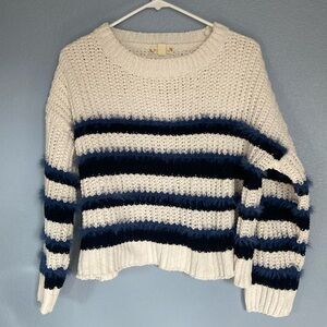 ITS OUR TIME knitted sweater. with soft blue fuzzie accent stripes. Size large